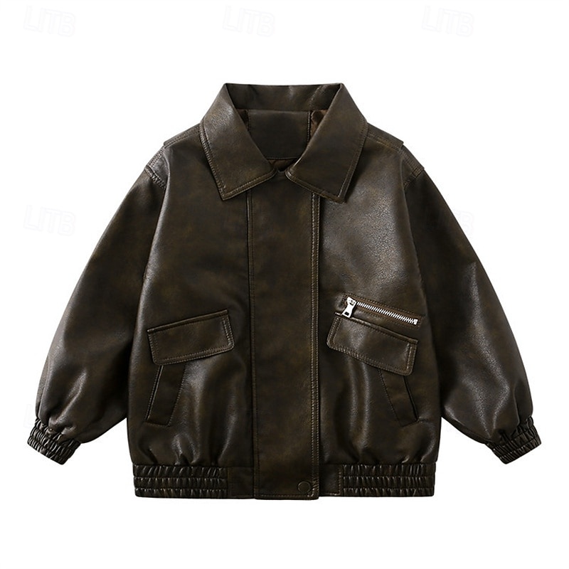 Kid's Boys' Black Leather Jacket Jacket Outerwear Plain Long Sleeve Zip Up Waterproof Windproof Coat Daily Fashion Casual Black Green Spring Fall 4-12 Years 2026 - $46.99 –P3