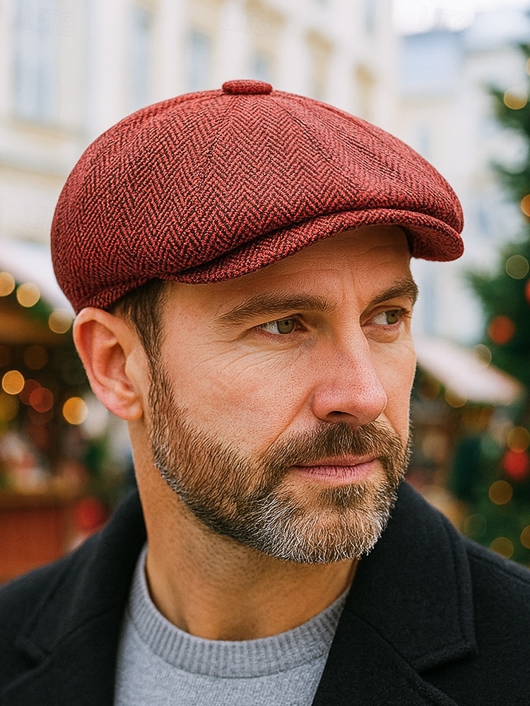 Miesten jouluinen kalanruotokuvioinen newsboy-lippis, vintage-villasekoitteinen litteä lippis klassisella 8-paneelisella muotoilulla, monivärinen gatsby-tyylinen hattu talveksi, lomalle ja vapaa-aikaan 2026 - $18.99 –P1