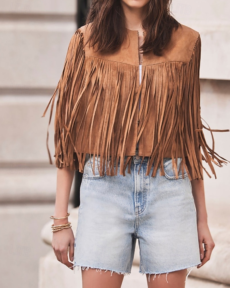 Damskie Bluzka Frędzel Równina Zachodni Bez rękawów W serek Zwykłe topy Święto Wyjściowe Czarny Jasnobrązowy Lato Wiosna 2026 - $32.99 –P9