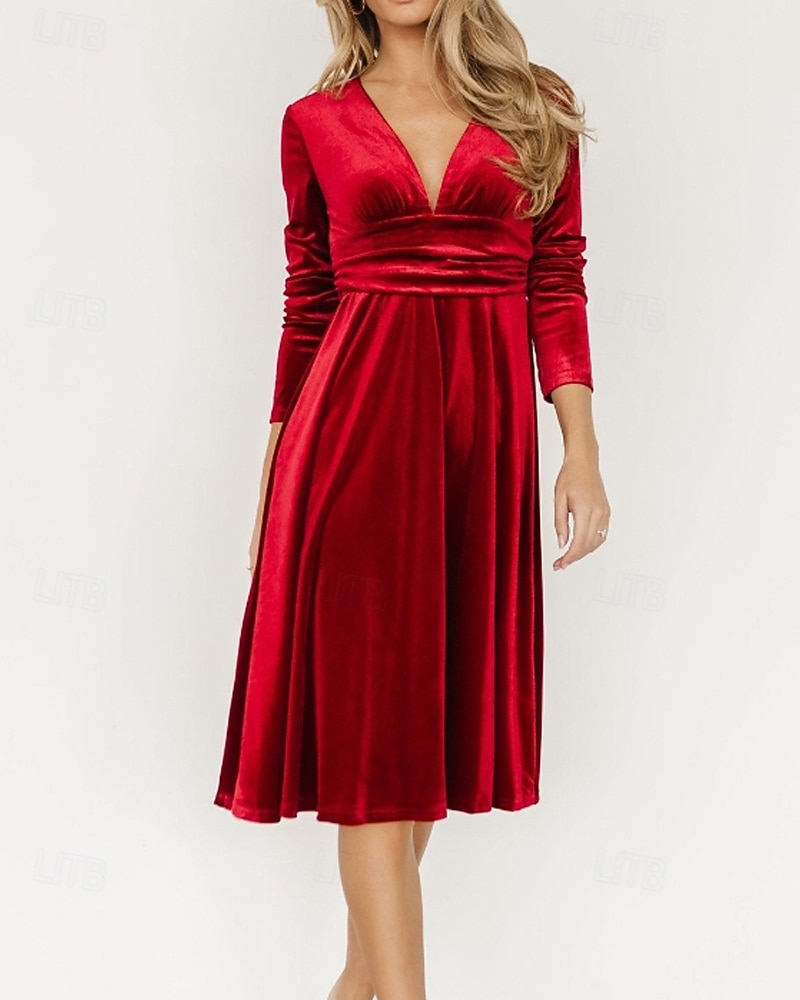 Damen Midikleid Samtkleid Partykleid Cocktailkleid Elegant Modern Party Abendgesellschaft Normale Passform Einfach Langarm V Ausschnitt Schwarz Rote Dunkelgrün Herbst Winter 2025 - $32.39 –P8