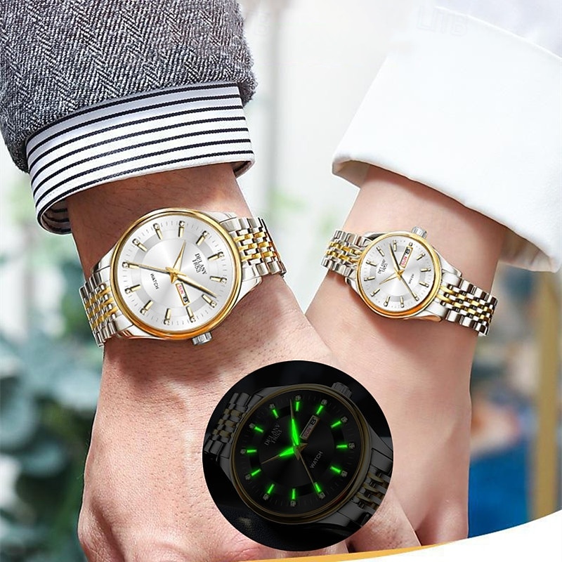 Două ceasuri noi și la modă cu cuarț pentru cupluri - carcasă din oțel inoxidabil, rezistență la apă IPX7, calendar dublu luminescent, dată și afișaj duminică/luni, curea din aliaj - cadou ideal 2025 - $24.99 –P17