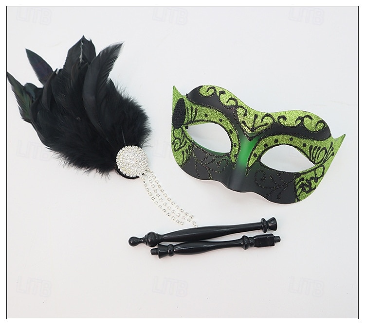 Håndholdt maskerademaske med grønn fjær for kvinner, strass og perledetaljer til julefest og Great Gatsby-ball &karneval 2026 - $14.99 –P3