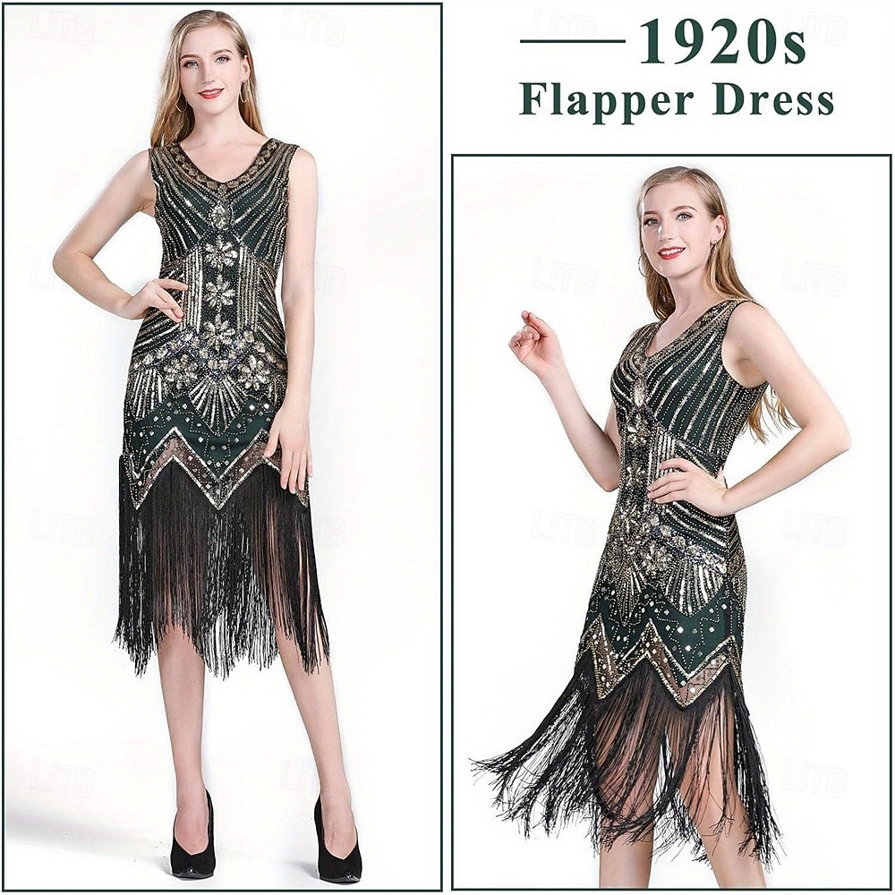 Set Anni Ruggenti Anni 1920 Lunghezza al ginocchio Abito Flapper Abito da cocktail Costume di fantasia con accessori Senza maniche Il grande Gatsby Ragazza Flapper Paillettes Frangia con nappe Scollo del 2026 a $50.99 –P5