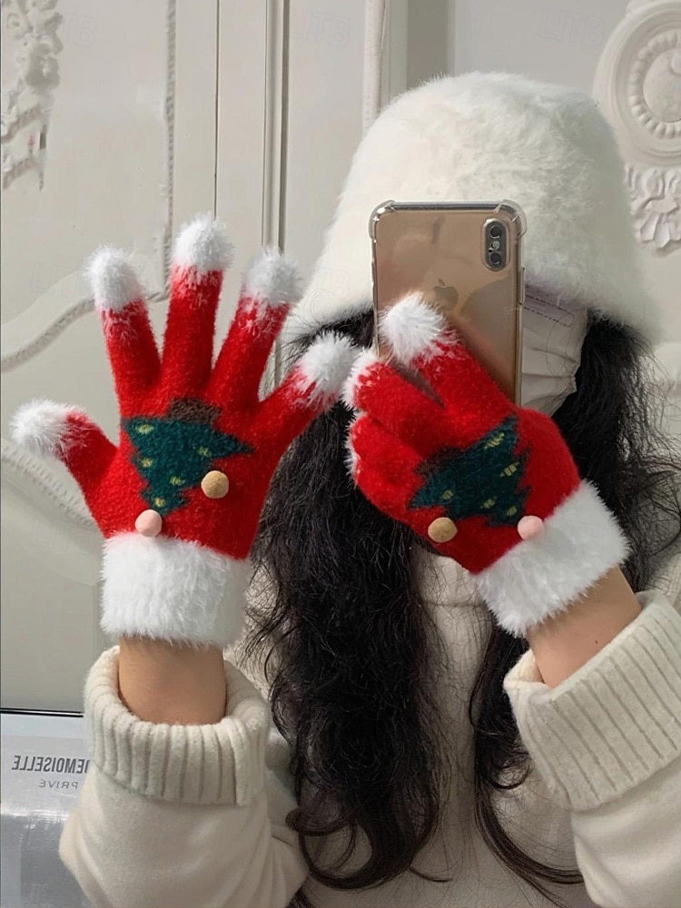 Kerst gebreide handschoenen voor dames met zachte manchetten en kerstboomontwerp, warme winterwanten voor volwassenen en kinderen, leuk accessoire voor een feestje tijdens de feestdagen 2026 - $9.99 –P1