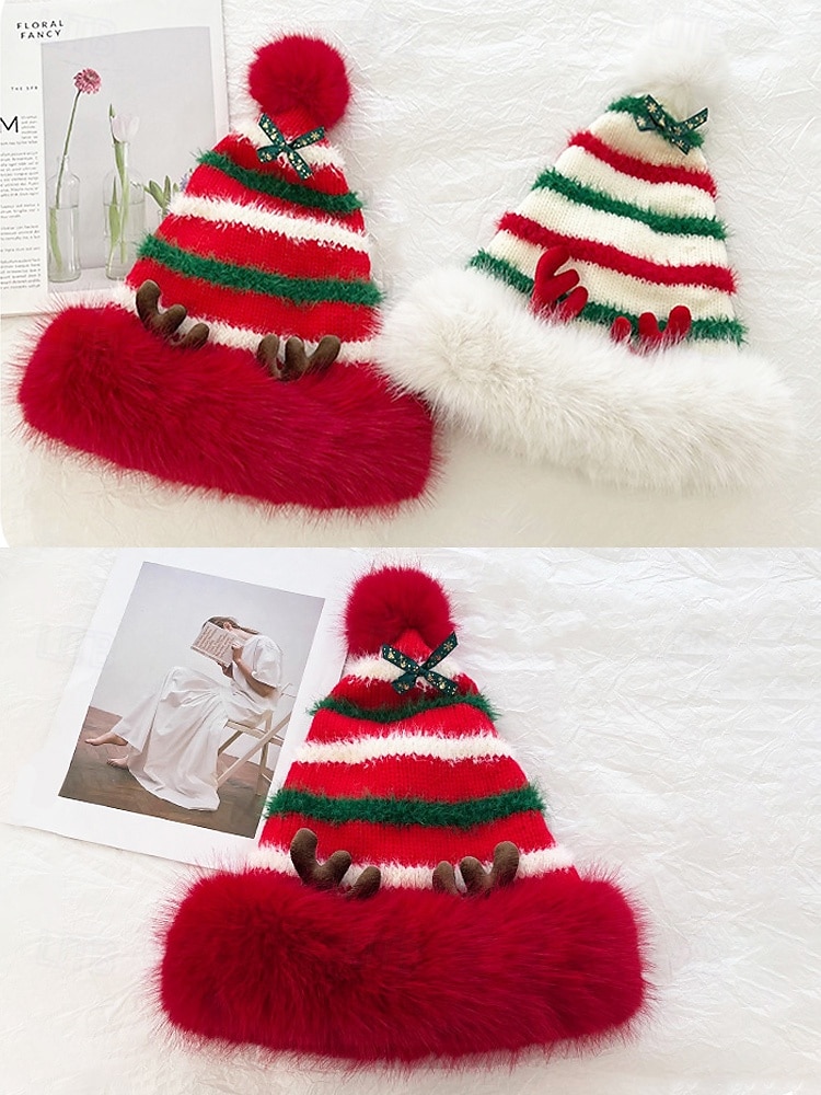 Kerstmuts met strepen voor dames met rendiergewei – polyester materiaal, feestelijk ontwerp voor feestdagen en winterkleding 2026 - $19.99 –P6