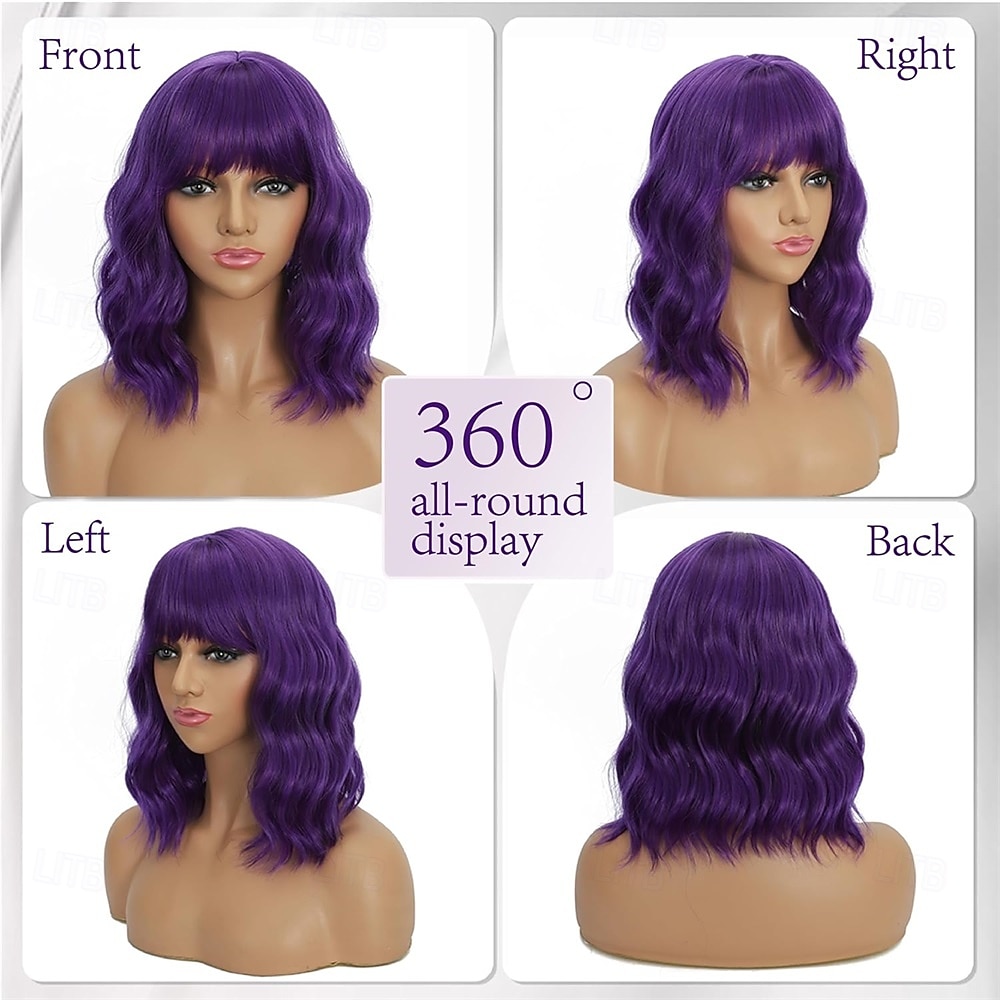 Dark Purple Wigs with Bangs for Women 14 Inch Short Wavy Bob Wigs Synthetic Bob Wig Curly Wig Heat Resistant Colorful Wavy Wig Cosplay Wigs For Daily Party 2026 - $21.99 –P2