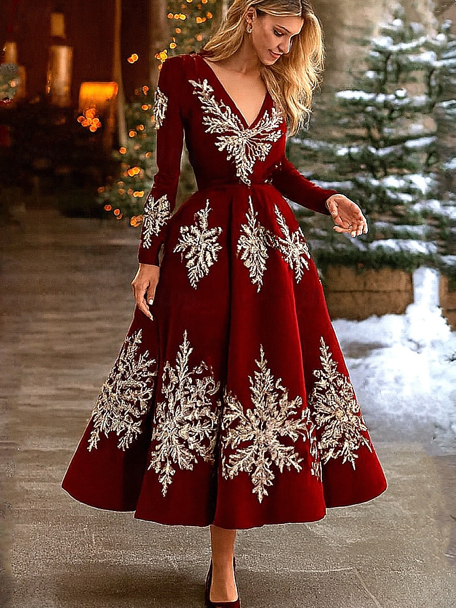 Vánoce Dámské Maxi šaty Áčkové šaty prázdniny Na běžné nošení Párty Denní Večerní oslava Běžný Grafika Vánoční stromek Sněhová vločka Dlouhý rukáv Do V Tmavě červená Fialová Jaro Podzim Zima 2025 - $42.99 –P2