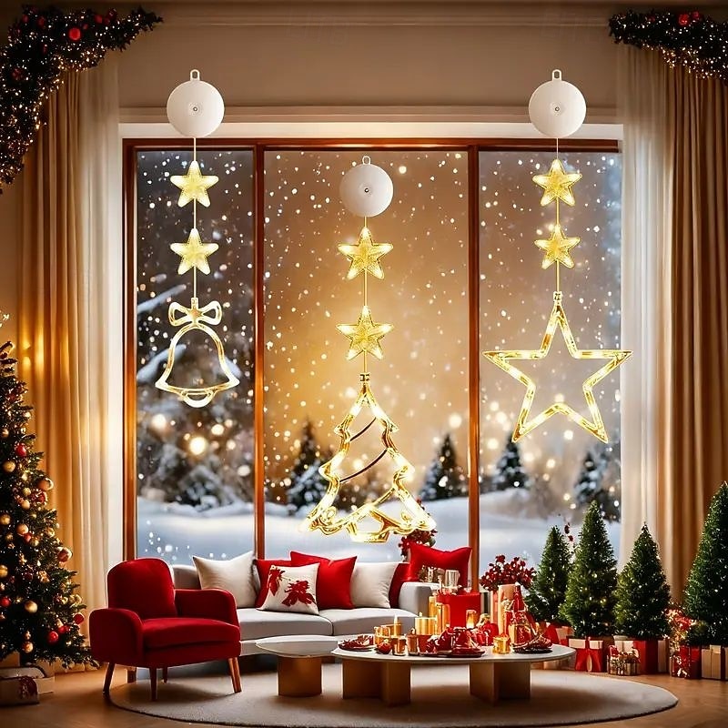 Luz de Janela de Natal 1PC com Bateria Luz de Cortina Branca Quente Suspensa com Ventosa Luz de Árvore de Natal e Estrela para Decoração de Janela em Festa de Natal e Ano Novo de 2025 por $11.99 –P4