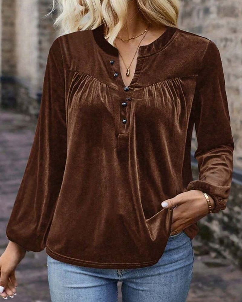 Dam Sammet Elegant Blus Knappar Ensfärgat Slät Elegant Stylish Ledigt Långärmad V-hals Vanliga toppar Dagligen Helgdag Utekväll Blå Brun Vår Höst 2026 - $32.99 –P6