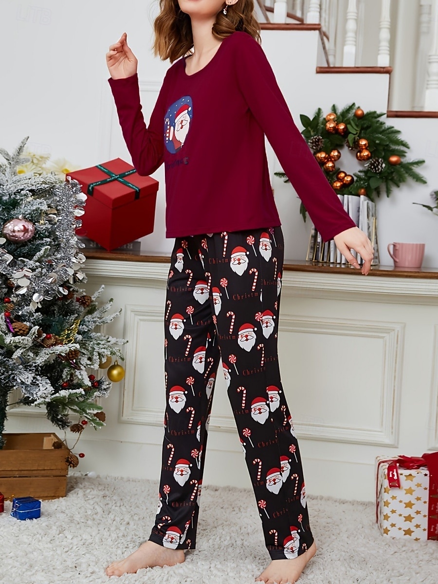 Conjunto de Pijamas de Natal Feminino com Boneco de Neve e Árvore de Natal Confortável Gráfico do Pai Natal Cintura Elástica Camiseta Calça Férias em Casa Manga Longa Gola Redonda Rosa Vinho Vermelho de 2025 por $23.99 –P4