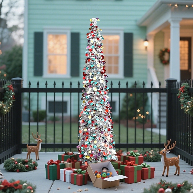 Christmas colored small circular silver folding Christmas tree 5M 50Leds warm light string indoor living room study stairwell party holiday decoration props 1.5M/5FT AAA battery box 2025 - CAD $34.99 –P1