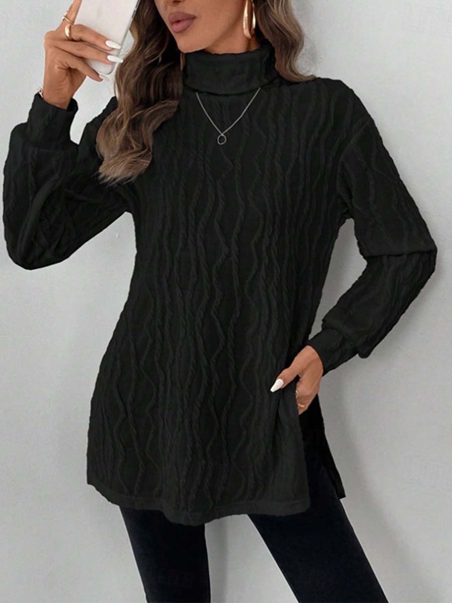 Women's Blouse Elegant Vintage Fashion Solid Color Ribbed Turtleneck Textured Split Long Sleeve Long Tops Knit Formal Outdoor Party Black 2025 - $29.99 –P8