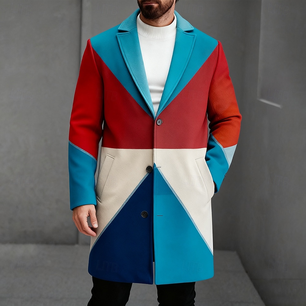 Men's Geometric Color Block Lightweight Jacket Overcoat Thermal Warm Casual Business Daily 3D Print Buttons Front Pocket Spring Fall Winter Notch Long Sleeve White Red Blue 2026 - $69.99 –P2