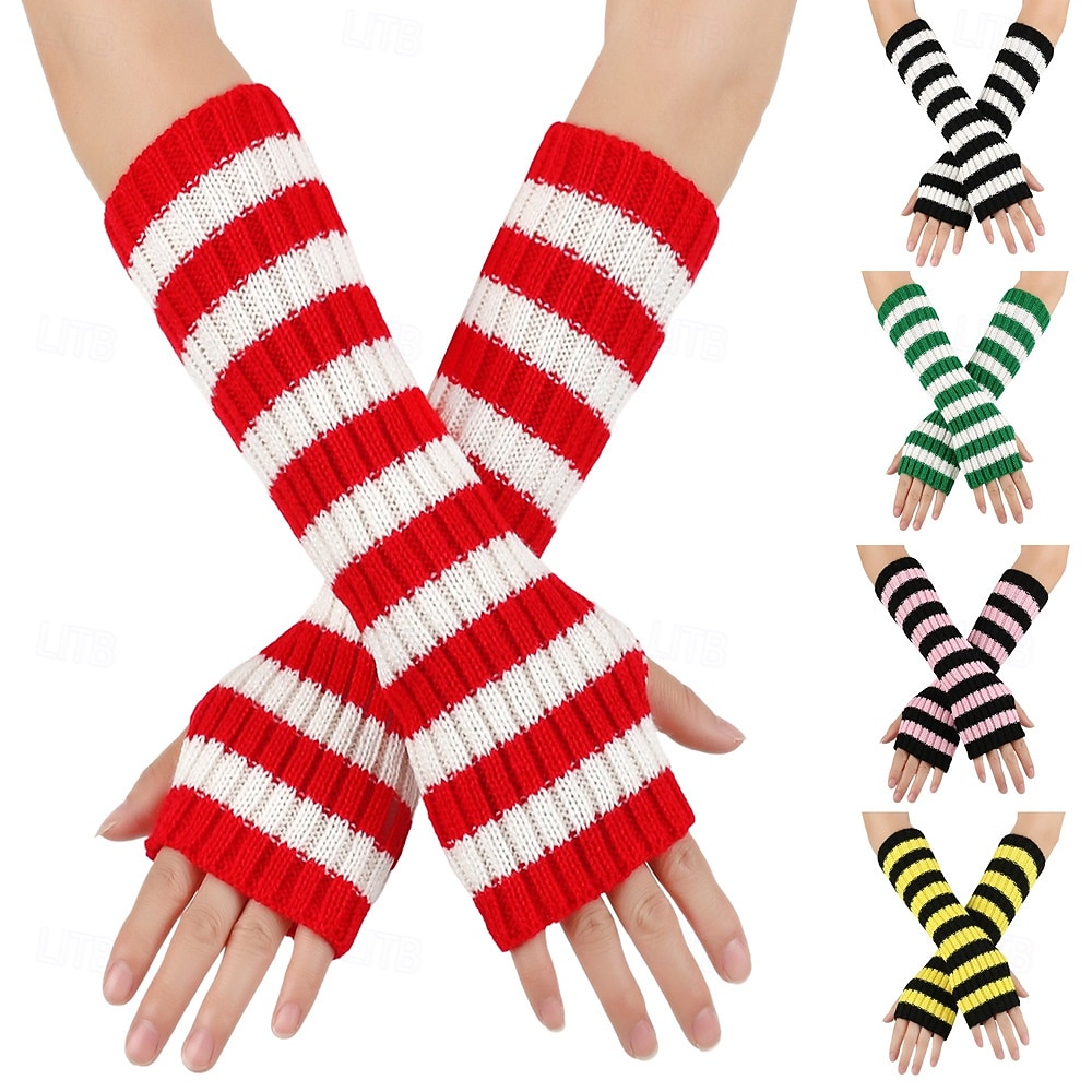 Women's 1 Pair Half Finger / Knitted Gloves Streetwear / Outdoor Gloves - Striped Print 2026 - $15.49 –P12