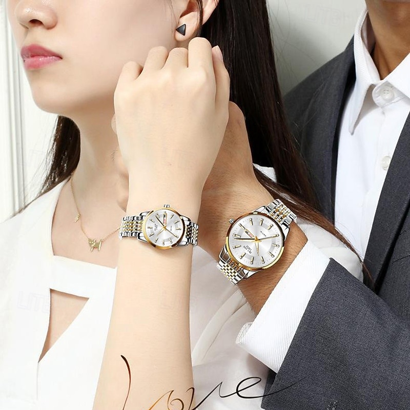 Două ceasuri noi și la modă cu cuarț pentru cupluri - carcasă din oțel inoxidabil, rezistență la apă IPX7, calendar dublu luminescent, dată și afișaj duminică/luni, curea din aliaj - cadou ideal 2025 - $24.99 –P16