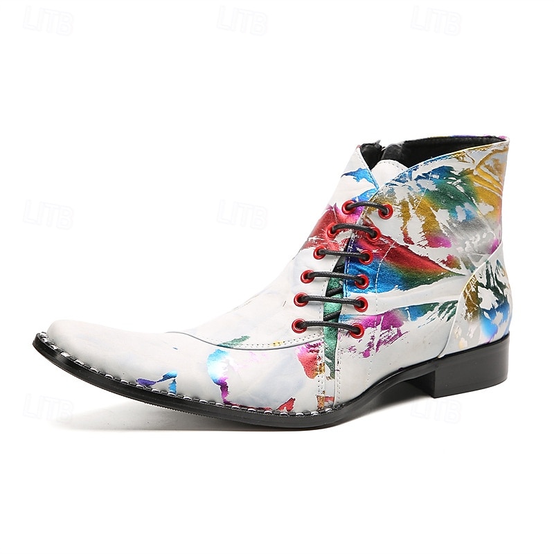 Botines de piel con efecto salpicado de pintura blanca para hombre, con cordones en la parte delantera y punta puntiaguda, botas artísticas de piel de vaca de moda para escenarios, clubes y fiestas. 2026 - $149.99 –P1