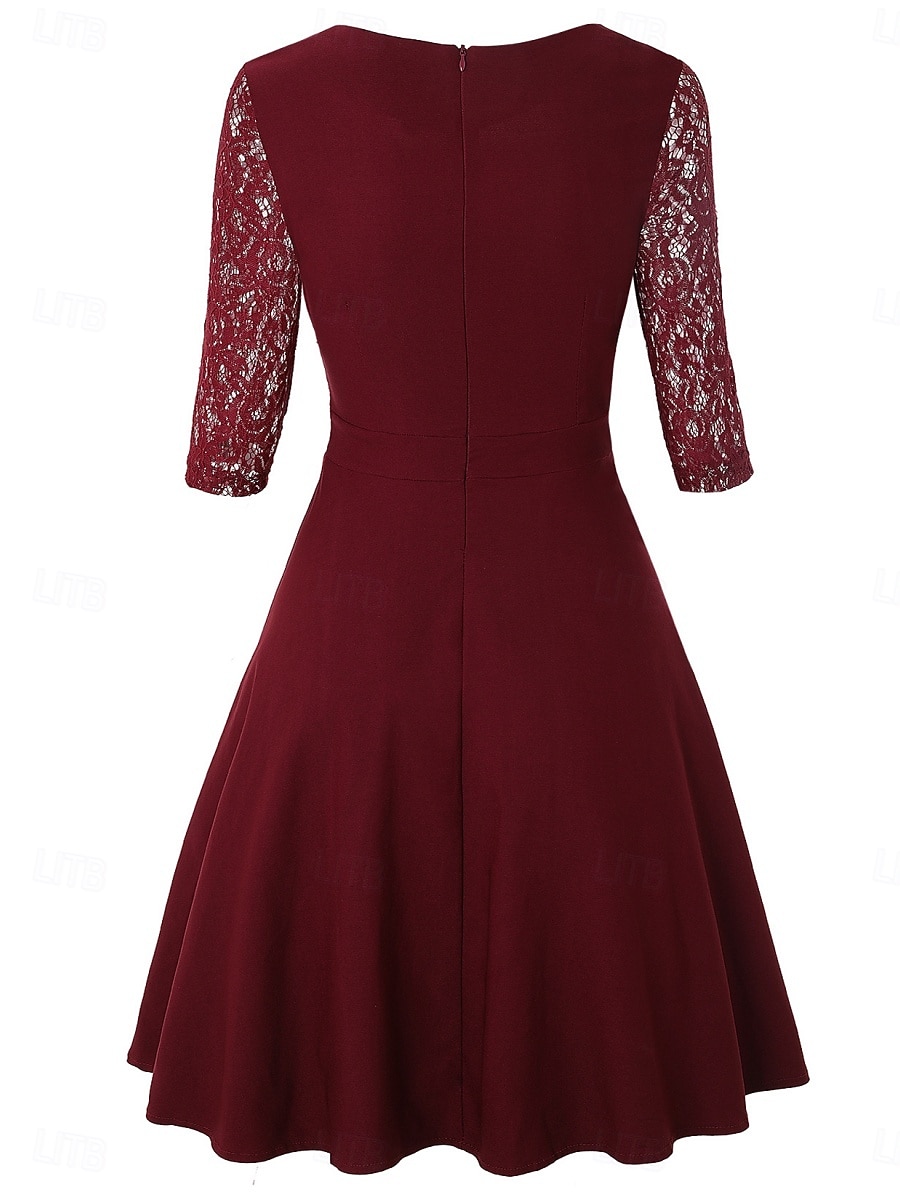 Women's Mini Dress A Line Dress Elegant Party Cocktail Outdoor Party Wedding Lace Patchwork Regular Fit Solid Color 3/4 Length Sleeve Square Neck Pink Wine Red 2026 - BHD 17.02 –P3