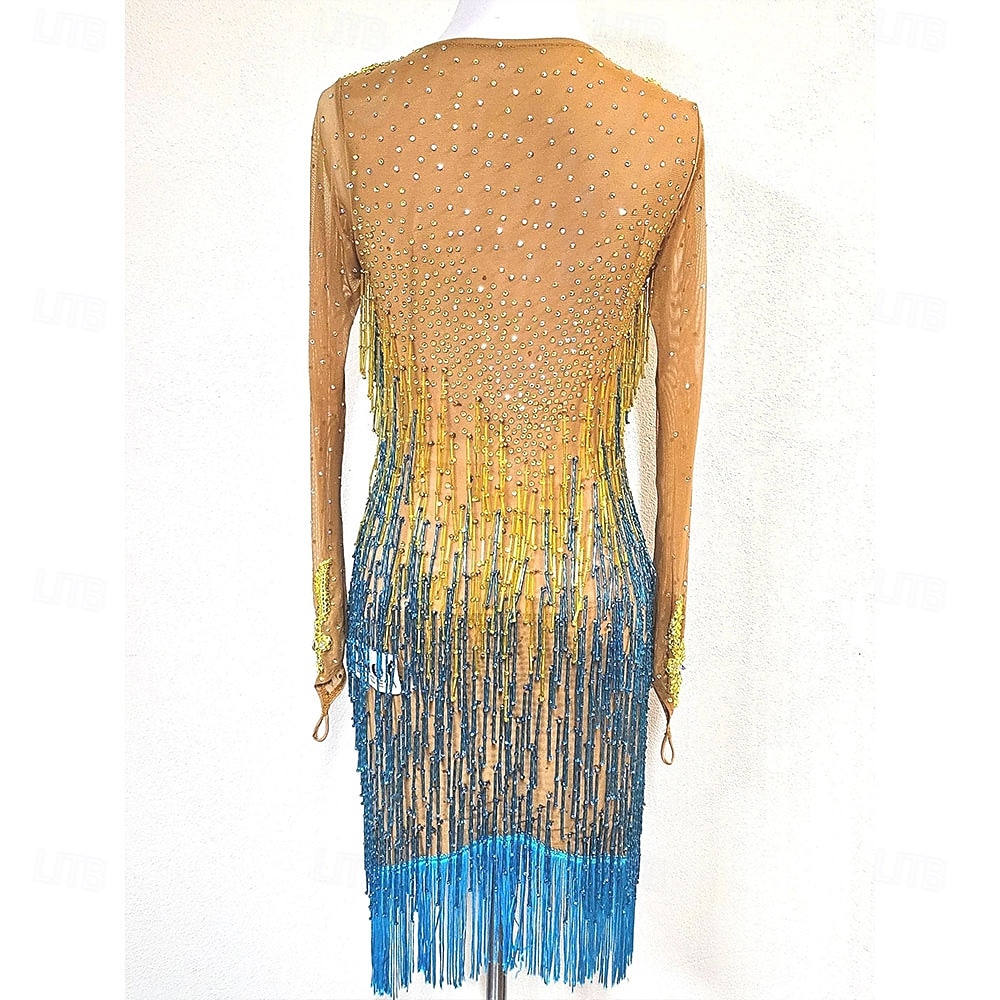 Women’s Gold and Blue Latin Dance Dress with Crystal Rhinestones and Fringed Details for Salsa, Tango, and Dance Performance 2026 - $365.69 –P2