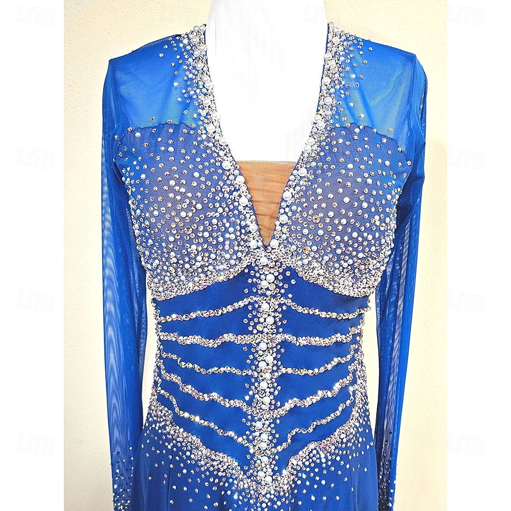Women's Ballroom Dance Dress Royal Blue Crystal Rhinestone Long Sleeve Waltz Foxtrot Quickstep Competition Performance Gown 2026 - $375.79 –P8