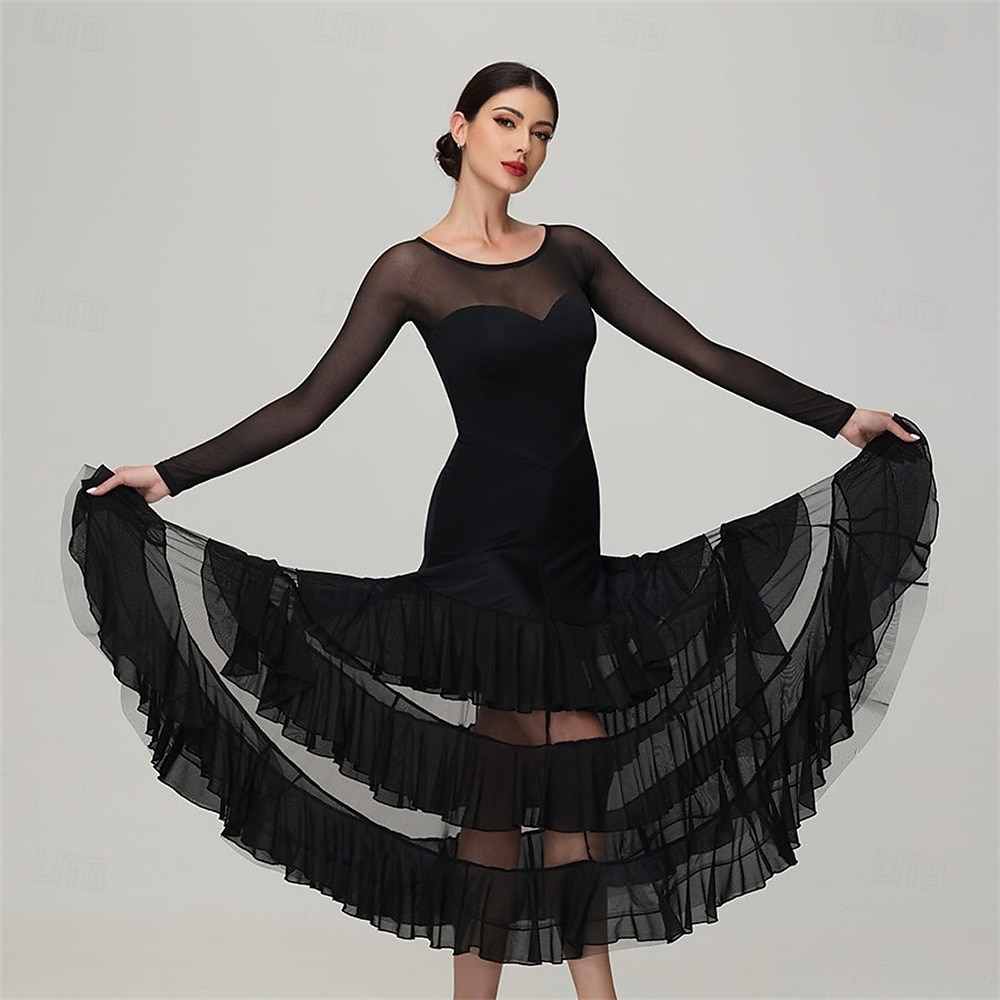 Women's Ballroom Dance Dress Layered Ruffle Mesh Long Sleeve Elegant Tango Waltz Foxtrot Competition Performance Gown – Black 2025 - $234.99 –P4