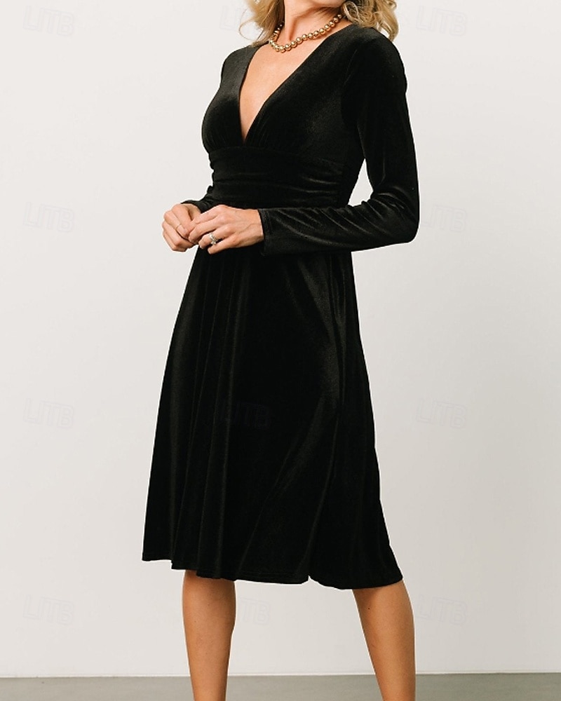 Damen Midikleid Samtkleid Partykleid Cocktailkleid Elegant Modern Party Abendgesellschaft Normale Passform Einfach Langarm V Ausschnitt Schwarz Rote Dunkelgrün Herbst Winter 2025 - $32.39 –P6