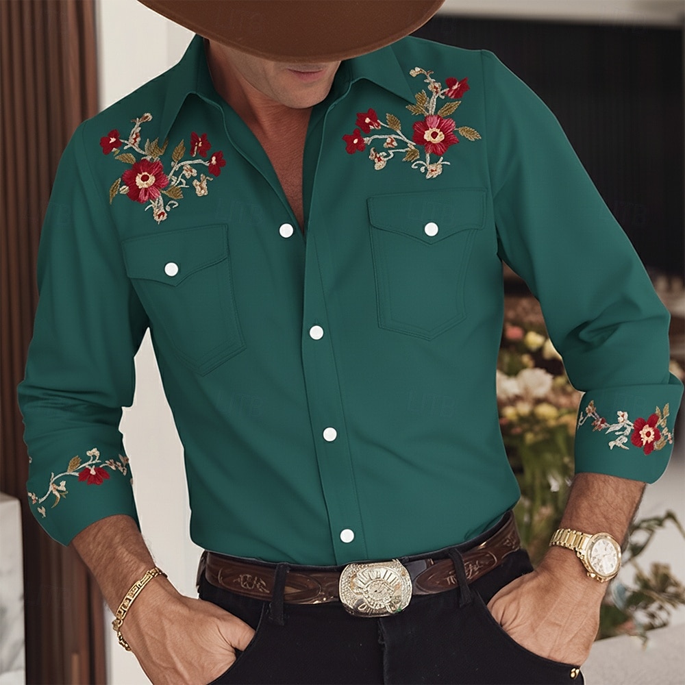 Hombre Estampado Floral Étnico Flores Camisa camisa occidental Camisa vaquera Manga Larga retro de la vendimia Casual Exterior Para trabajo Primavera Otoño Cuello Vuelto Dos bolsillos delanteros 2026 - $27.99 –P3