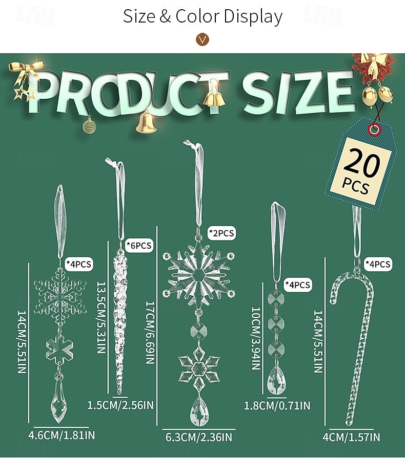 20 ks vánočních křišťálových závěsných ozdob, průhledných akrylových rampouchů a sněhových vloček na vánoční stromeček, vánoční dekorace do domu 2025 - $12.99 –P6