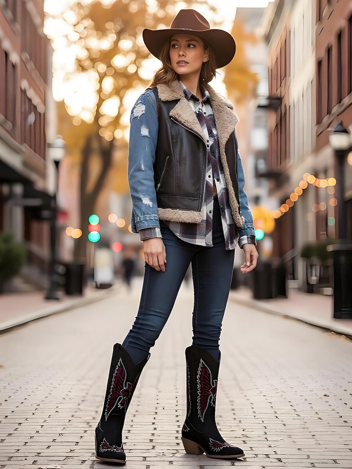 Женские ковбойские сапоги в стиле вестерн из зеленой замши с вышивкой и массивным каблуком — модные ковбойские сапоги в стиле бохо для рождественских фестивалей, уличной моды и повседневных мероприятий 2026 - $42.99 –P1