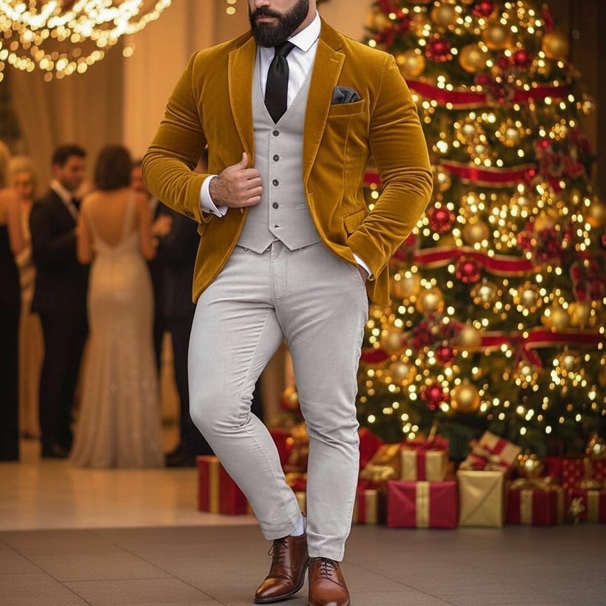 Blazer masculino de veludo com fecho de colarinho, moda natalina para festa, cor sólida, amarelo, vermelho, verde, ajuste padrão, abotoamento simples, um botão de 2025 por $105.99 –P3