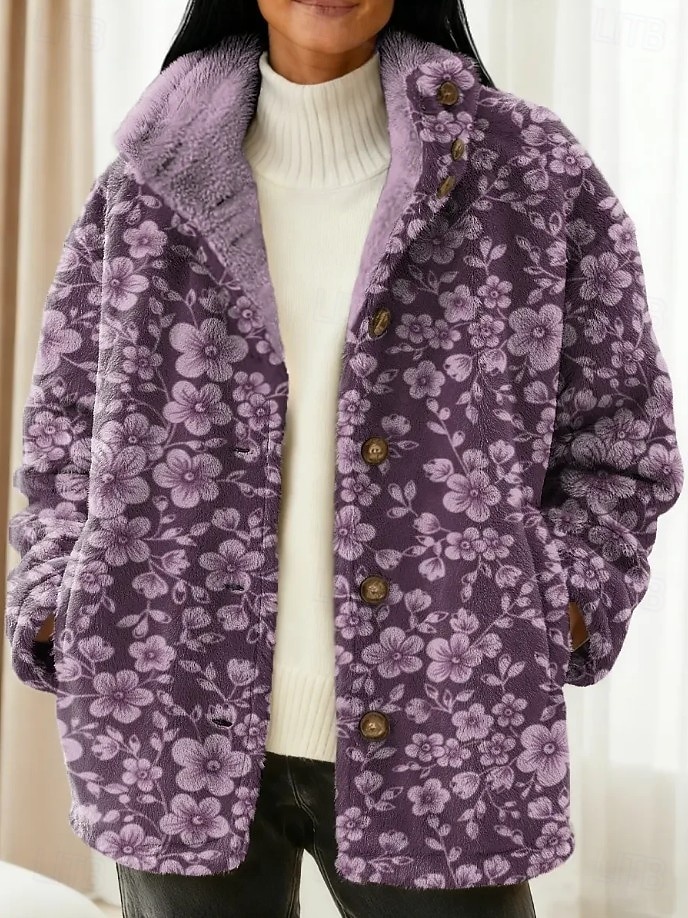 Women's Blazer Warm Comfortable Buttons Vintage Fashion Modern Casual Floral Vacation Home Casual Daily Short Stand Collar Regular Fit Long Sleeve Outerwear Black Dark Green Purple Fall Winter 2026 - $43.99 –P1