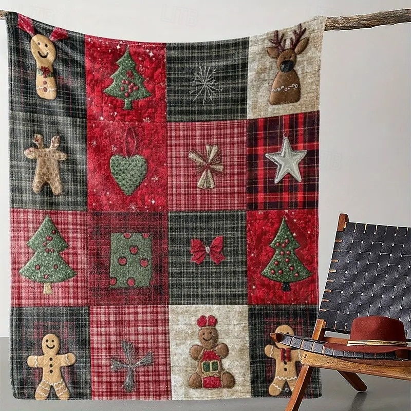 Vintage Plaid Christmas Digital Print Blanket with Gingerbread, Bow, Christmas Tree & Floral Patterns, Cozy Flannel Throw 2025 - $11.49 –P6