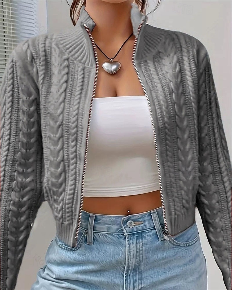 Women's Sweater Cardigan Elegant Fashion Cute Solid Color Stand Collar Zipper Knitted Print Long Sleeve Regular Tops Knit Outdoor Daily Holiday Wine Red Black Fall Winter 2026 - $28.99 –P3