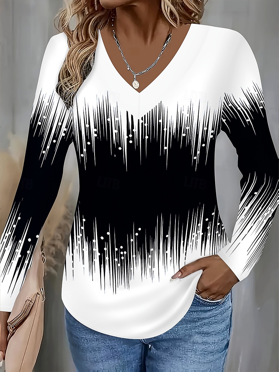 Damen T Shirt Druck Ombre Grafik Geometrisch Vintage Stilvoll Klassisch Langarm V Ausschnitt Normale Oberteile Täglich Schwarz Herbst Winter 2026 - $24.99 –P1