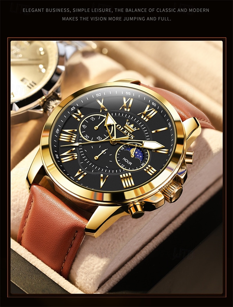 The New Olevs Brand Men'S Business Watch With Luminous Small Three Hands Moon Phase Display Multi-Functional Chronograph Three-Eye Casual Waterproof And Fashionable Quartz Watch Men'S Sports Wrist 2025 - $28.99 –P2