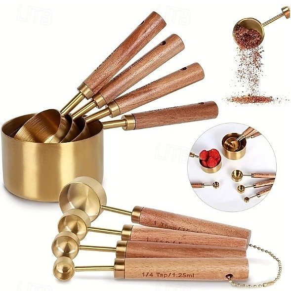 مجموعة من 8 قطع من أكواب القياس والملاعق - أكواب قياس من الفولاذ المقاوم للصدأ بمقبض خشبي، مجموعة ملاعق قياس معدنية، مجموعة قياس المطبخ للمطبخ/الطعام/الخبز 2026 - $45.99 –P1