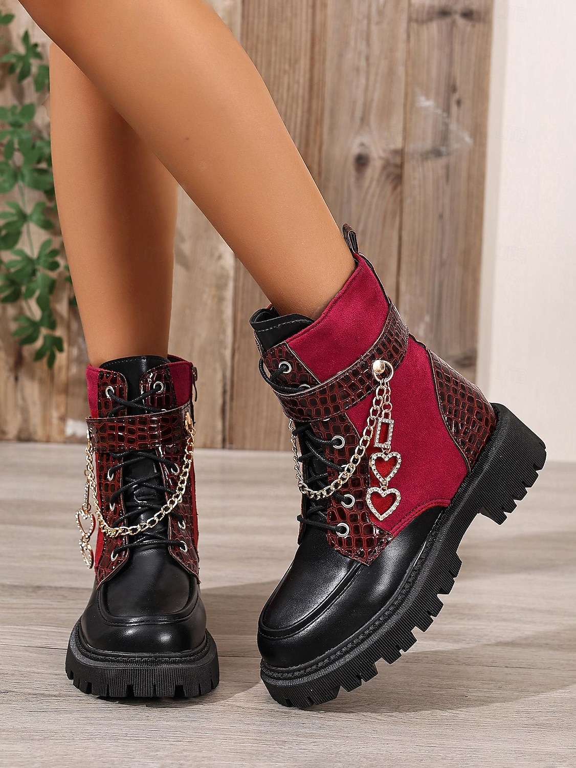 Модные армейские ботинки на массивном каблуке с цепочкой в форме сердца – бордовые и черные 2026 - $46.99 –P3