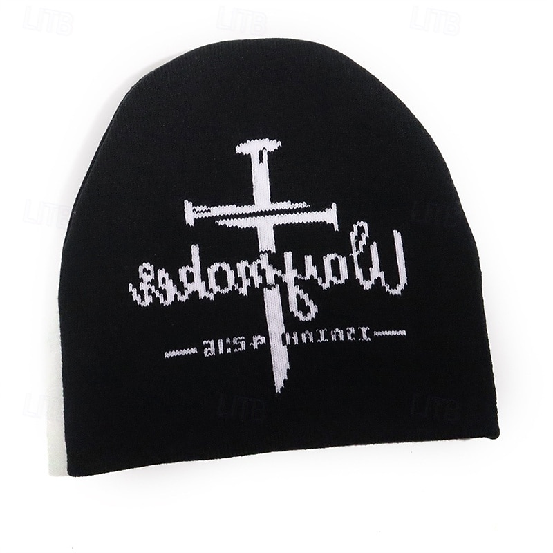 Herre Unisex Beanie lue Vinterhatter Luer Strikk lue Vinterlue Svart Rød polyester Strikket Koselig Halloween Dagligdagstøy Bokstaver Kors Varm 2025 - $4.49 –P1