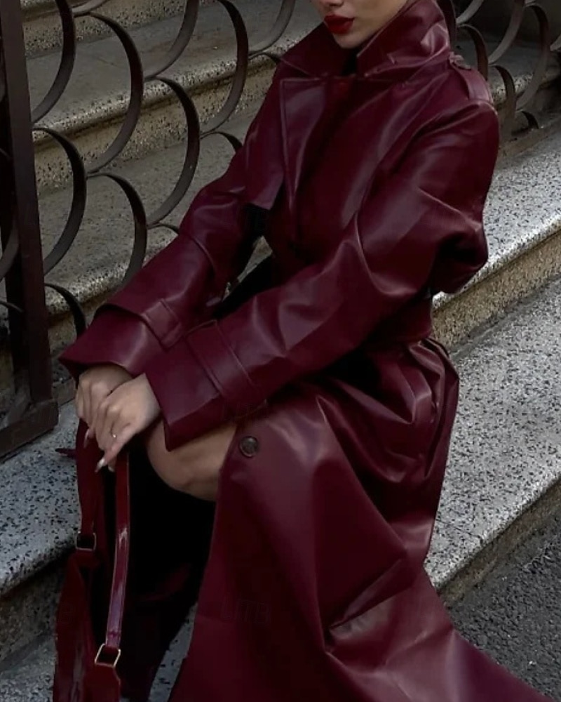 Dam Imitationsläderjacka Trenchcoat Håller värmen Bekväm Ficka Knappar Mode Slät Formell Utomhus Semester Ledigt Lång Nedvikt Normal Långärmad Ytterkläder Svart Mörkröd Höst Vinter 2025 - $67.99 –P2