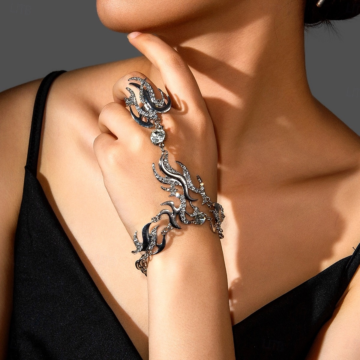 Women's Gold Rhinestone Hand Chain Bracelet Ring Set, Luxury Statement Jewelry with Crystal Flames Design, Perfect for Parties, Galas & Evening Events 2025 - $11.99 –P3