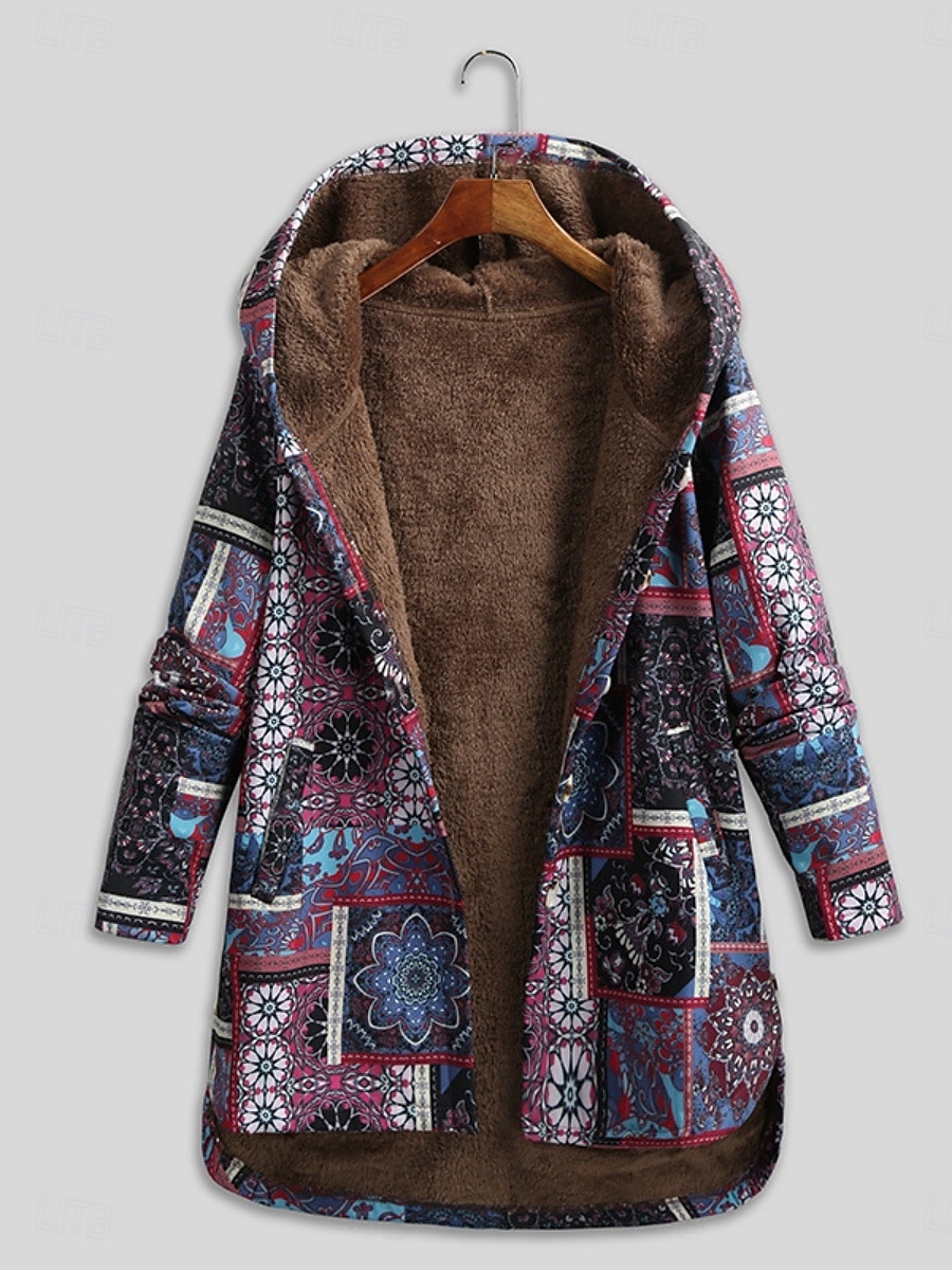 Pentru femei Jachetă din lână geacă Sherpa Comfortabil Respirabil Buzunar Imprimeu Epocă Casual Floral Vacanță Stradă Purtare Zilnică Ieșire Cu Un Nasture Regulat Capișon Fit regulat Manșon Lung 2026 - $45.99 –P5