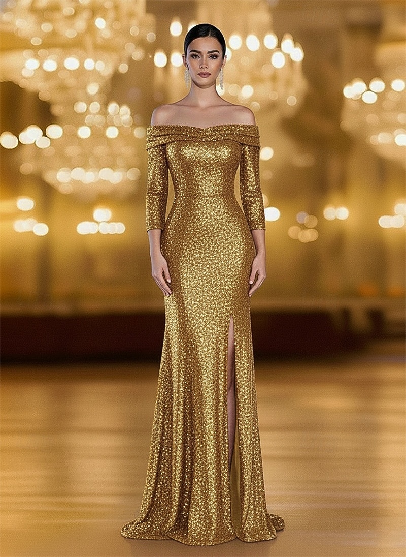 Mermaid / Trumpet Floor Length Prom Dresses Evening Gown Ball Gown Formal Dress Elegant Vintage 3/4 Length Sleeve Off Shoulder Formal Wedding Sequined with Ruched Sequin Slit 2025 - $154.99 –P6