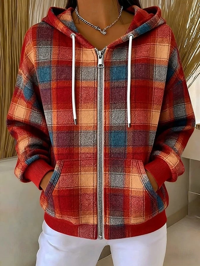 Per donna Felpe con cappuccio Cerniera Tasca Stampato Grafico Plaid Moda Casual Manica Lunga Con Cappuccio Top Regolari Streetwear Abbigliamento Quotidiano Arancione Marrone Verde Primavera Autunno del 2026 a $39.99 –P2