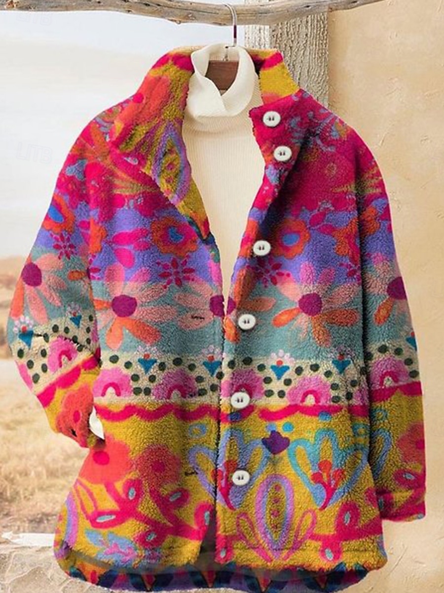 Dam Kavaj Håller värmen Bekväm Knappar Vintage Mode Modern Ledigt Blommig Semester Hem Ledigt Dagligen Normal Hög krage Normal Långärmad Ytterkläder Gul Purpur Orange Höst Vinter 2025 - $38.99 –P1