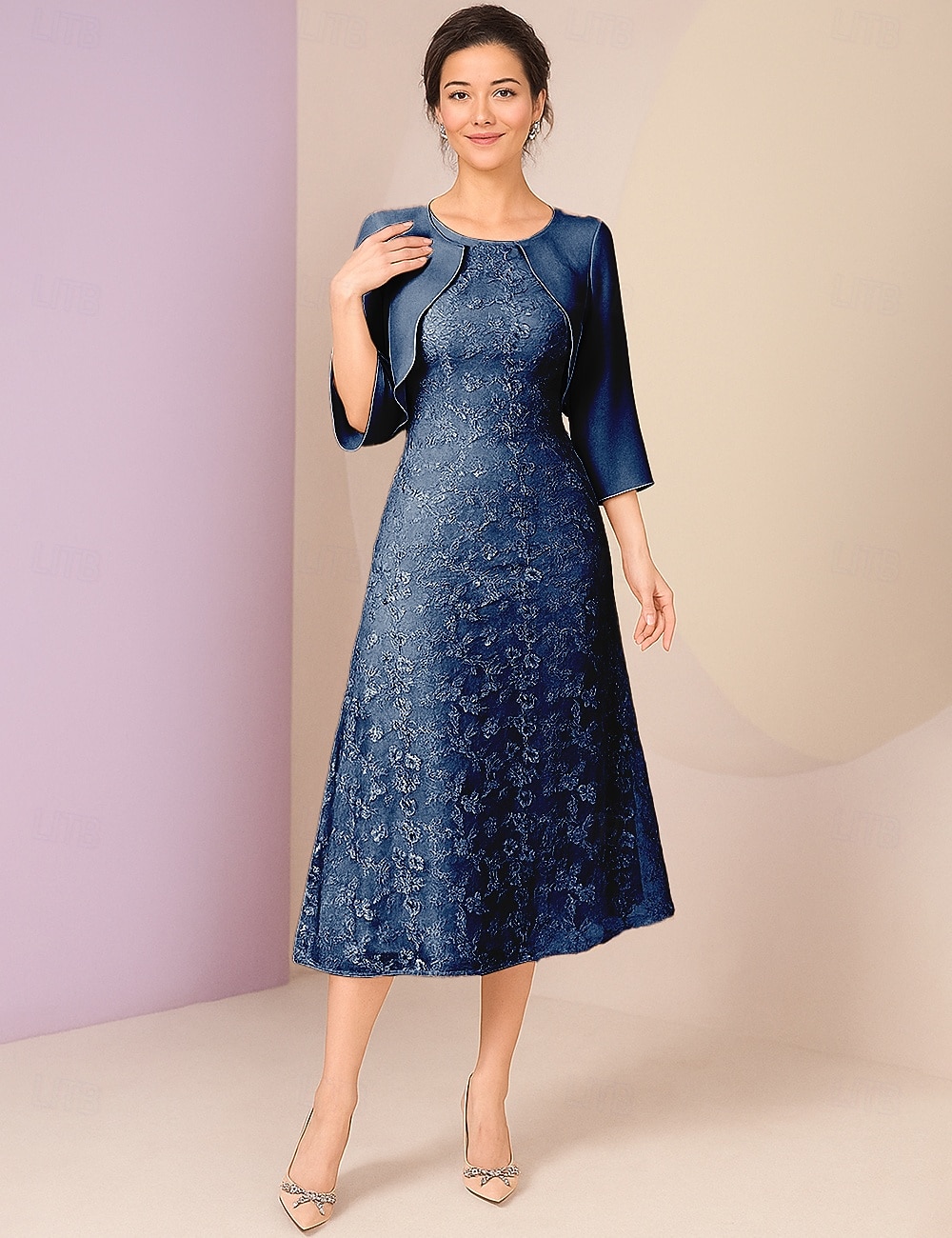 Vestido de fiesta A-line hasta el tobillo vestido de cóctel vestido de invitada de boda vestido de madre de la novia manga 3/4 escote redondo elegante formal encaje con encaje 2026 - $103.99 –P12