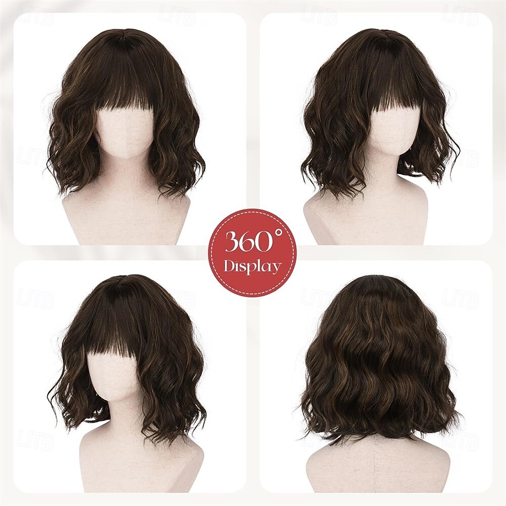 Короткий волнистый коричневый парик с мелированием - 12-дюймовый парик боб с челкой для женщин, кудрявый парик боб до плеч с челкой, мягкие синтетические парики для девочек, повседневное использование 2026 - $21.99 –P3
