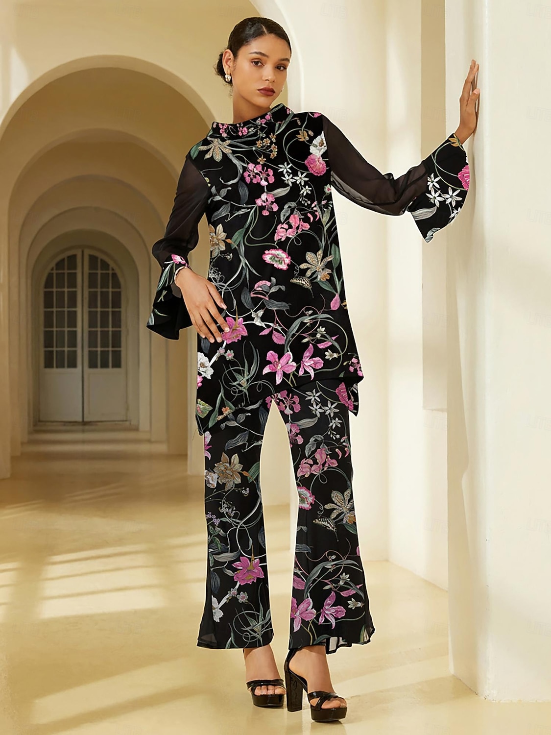damebukser stretchstoff blomstertrykk chiffong gjennomsiktige paneler utsvingte ben elastisk midje elegant komfortabel daglig arbeid høst 2026 - $67.99 –P2