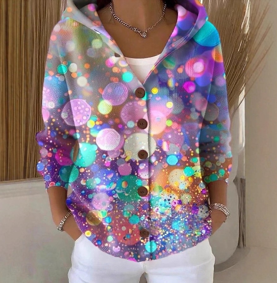 Women's Sweater Daily Floral Hooded Print Long Sleeve Regular Tops Knit Daily White Light Green Spring Fall 2025 - $37.99 –P3