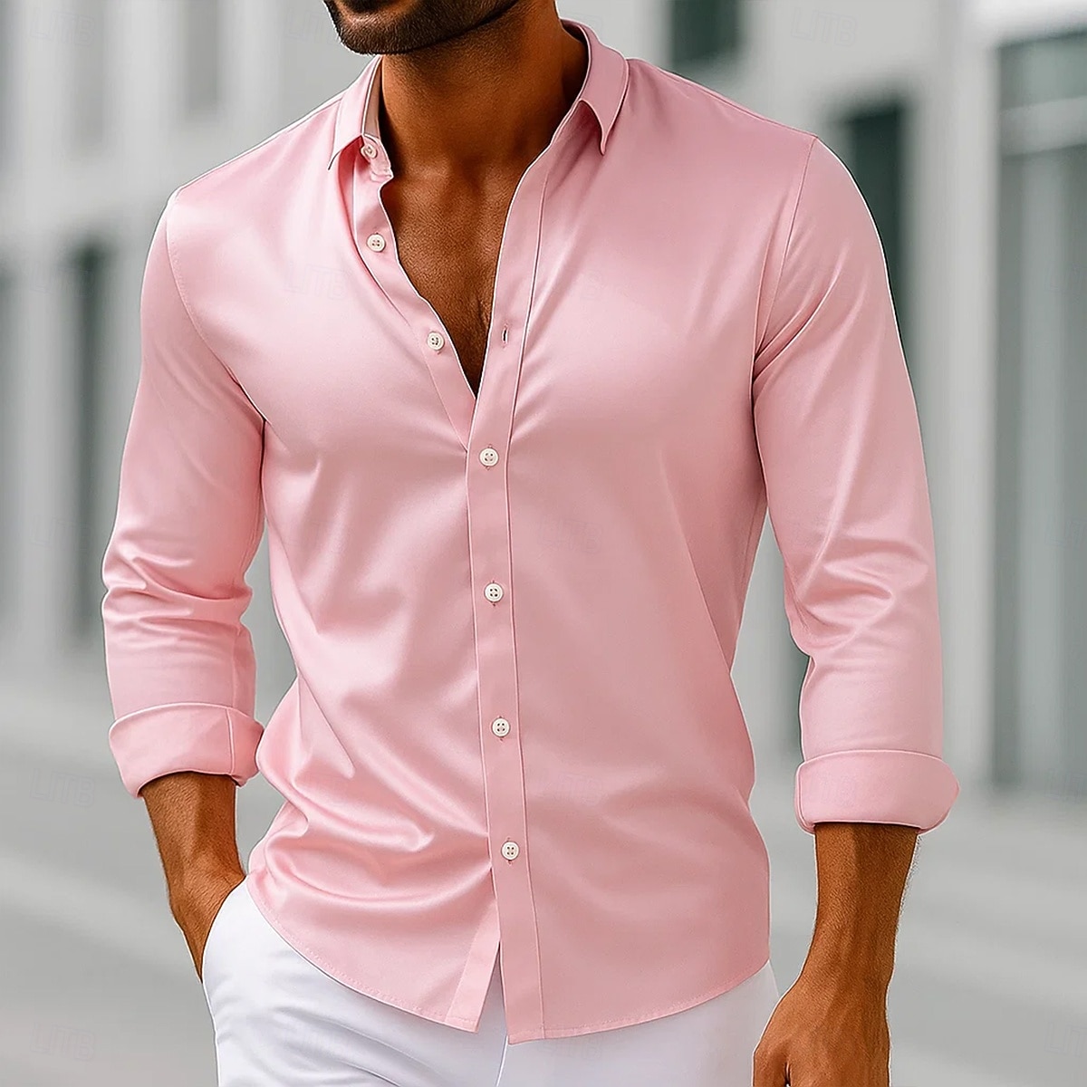 Homens Camisa Social Blusa de cetim Saia Camisa casual camisa de botão Camisa de formatura Tecido Formal Casamento Preto Branco Rosa Azul Royal Manga Longa Lapela Primavera Todas as Estações Roupa de 2025 por $23.99 –P1