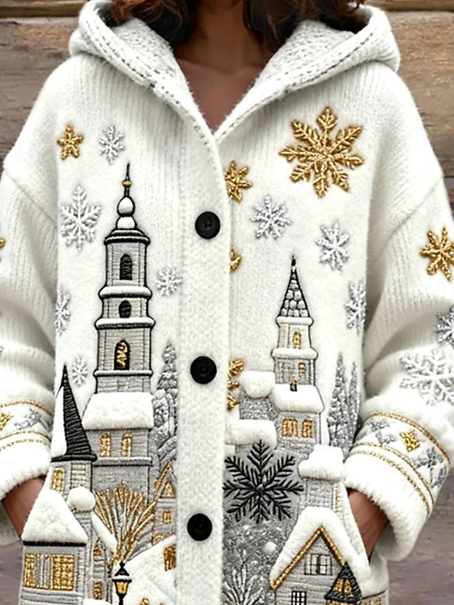 Dam Kofta Dagligen Ledigt Grafisk snöflingor Ribbad Huva Lappverk Ficka Knappar Långärmad Vanliga toppar Sticka Utomhus Helgen Vit Höst Vinter 2025 - $52.99 –P3