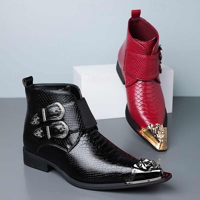 Punaiset keinonahkaiset krokotiilikuvioiset miesten kengät, joissa kaksoissolki – ylelliset juhlakengät joulujuhliin ja tyylikkäisiin iltatilaisuuksiin 2025 - $89.99 –P8
